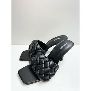 Abound Sandals Womens Size 8.5 Black Faux Leather Woven Slip On Square Toe Heels